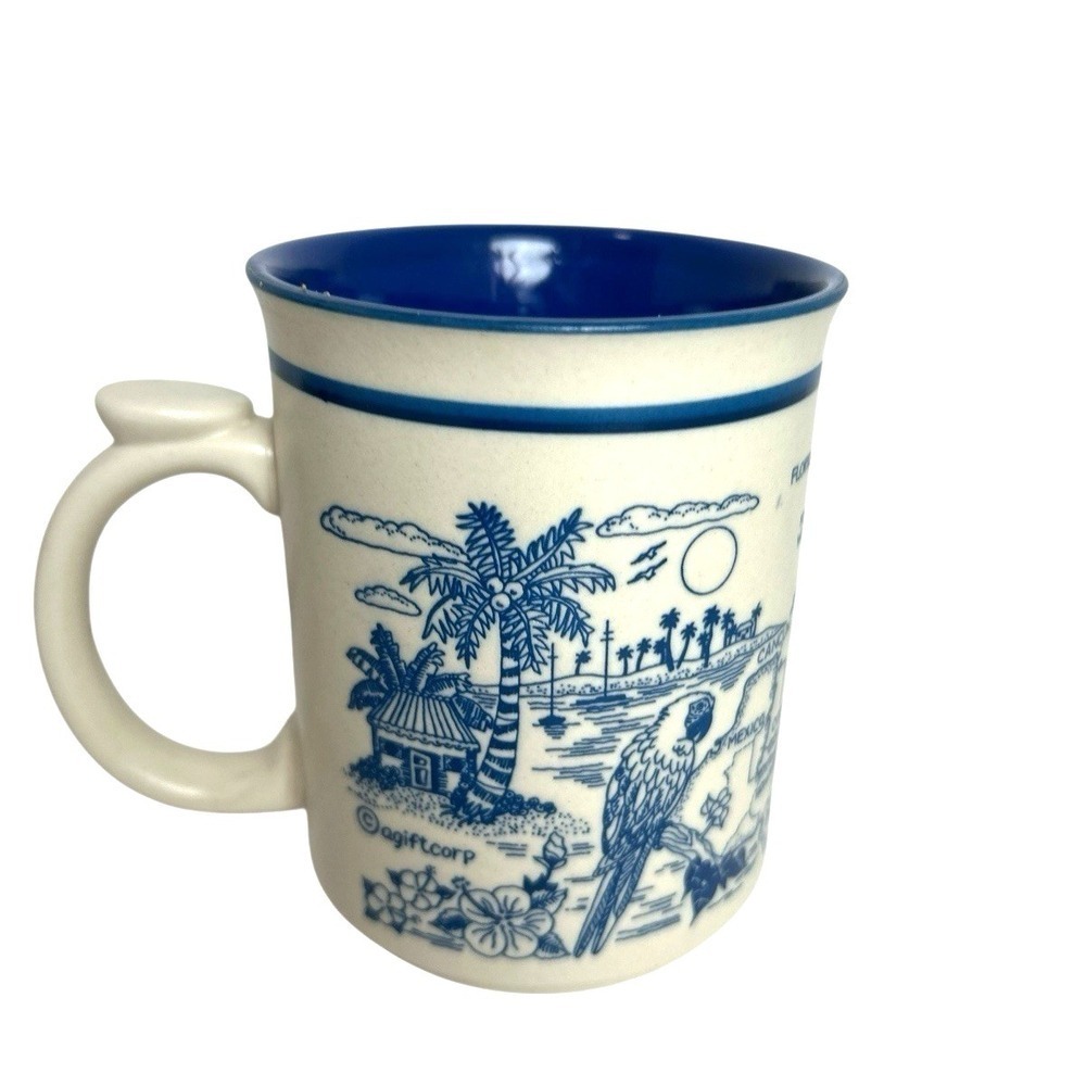 Vintage Caribbean Islands Map Blue Mug Tropical Souvenir Parrot Dolphin